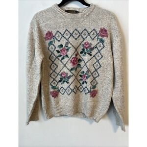 Vintage 90s Eddie Bauer Womens Small Country Primitive Flower Wool Knit Sweater